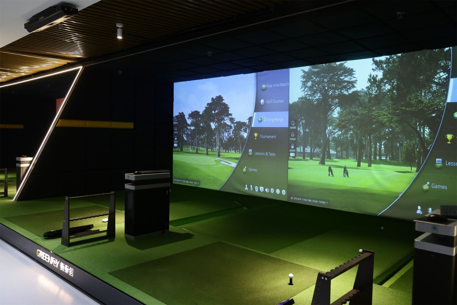 Golf impact screen fabric in a commercial simulator venue